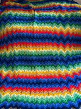 Hand Crafted Multicolor Chevron Crochet Throw - Blue, Green, Yellow, Red